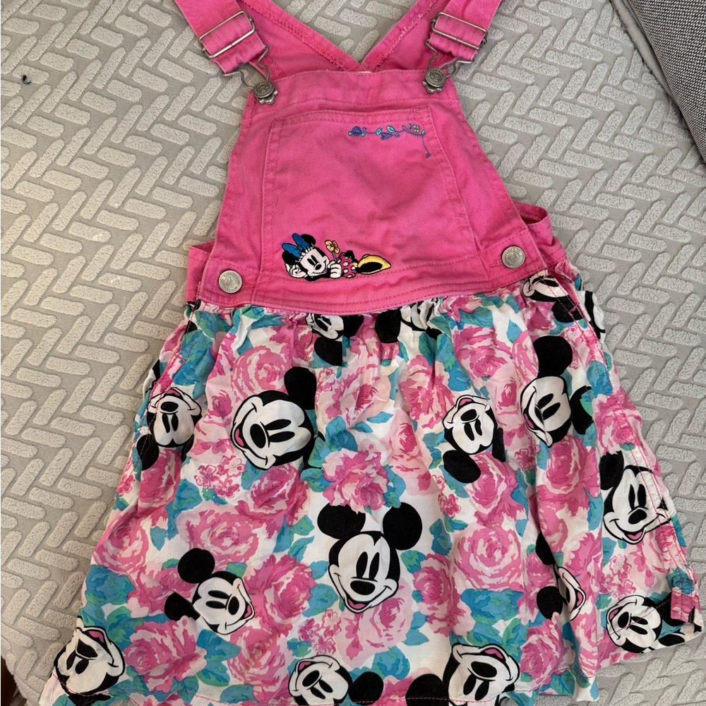 Disney Mickey &co Girls Pink Minnie Mouse Floral denim Overall Dress size 6x